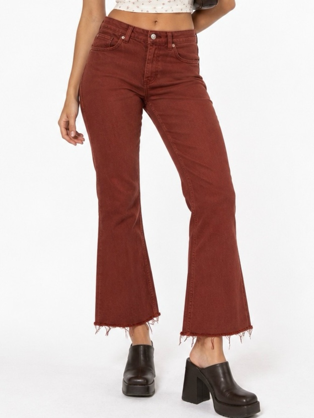 Zara Rust Red Raw Hem Flare Jeans Size 6 Y2K High Rise